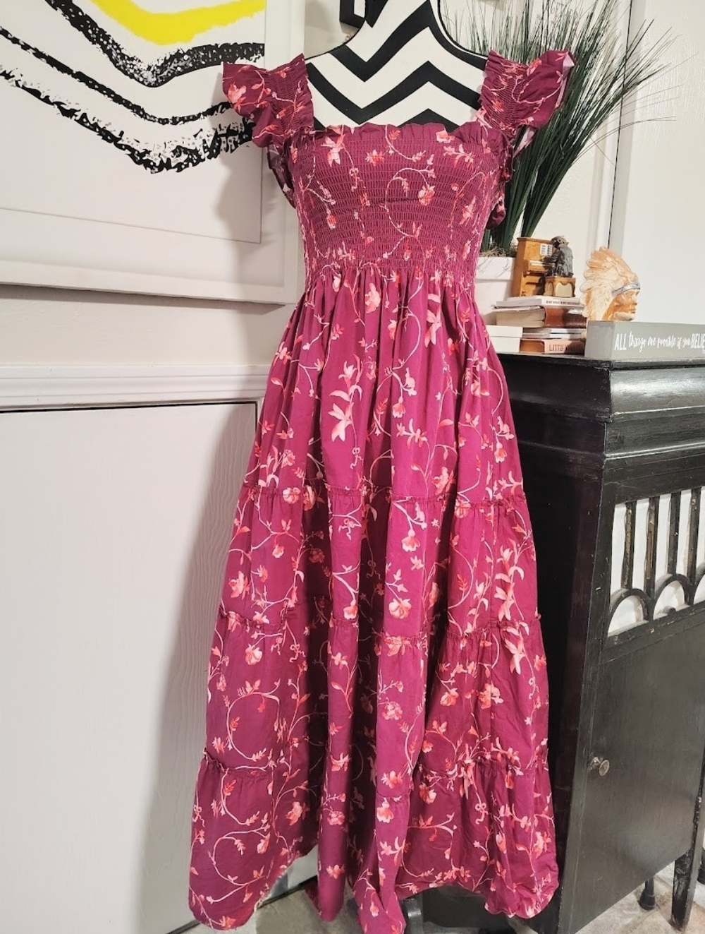 Hill House Home Ellie Nap Dress Burgundy Botanical Poplin Women's XS Preppy - Picture 4 of 9